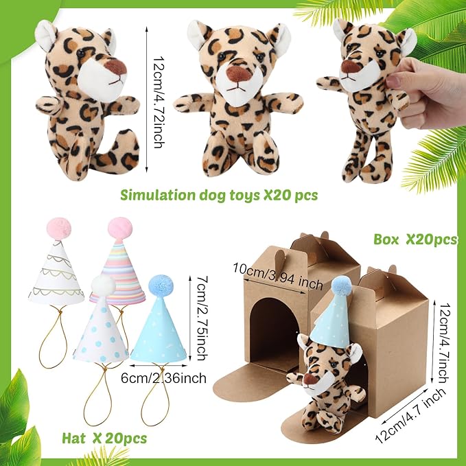 20 Set Safari Mini Jungle Animal Plush Toys Stuffed Forest Animals Plush Toys Set with Birthday Hats Kraft Paper Boxes Adopt Pet for Kid Theme Birthday Favor(Safari)