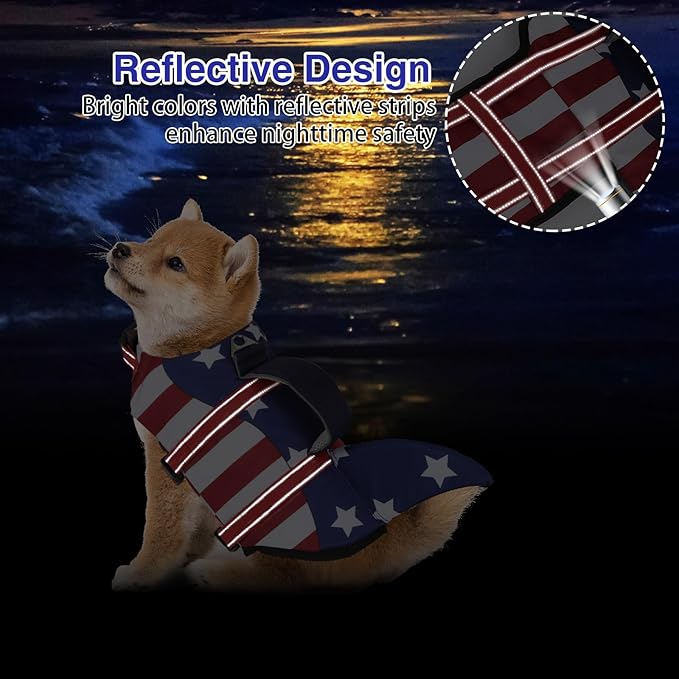 TDTOK Dog Life Jacket Shark Fin American Flag Pattern with Rescue Handle and Reflective Stripes Suitable for 4th of July, High Buoyancy Life Safety Vest for Dogs Swimming and Boating (Large)