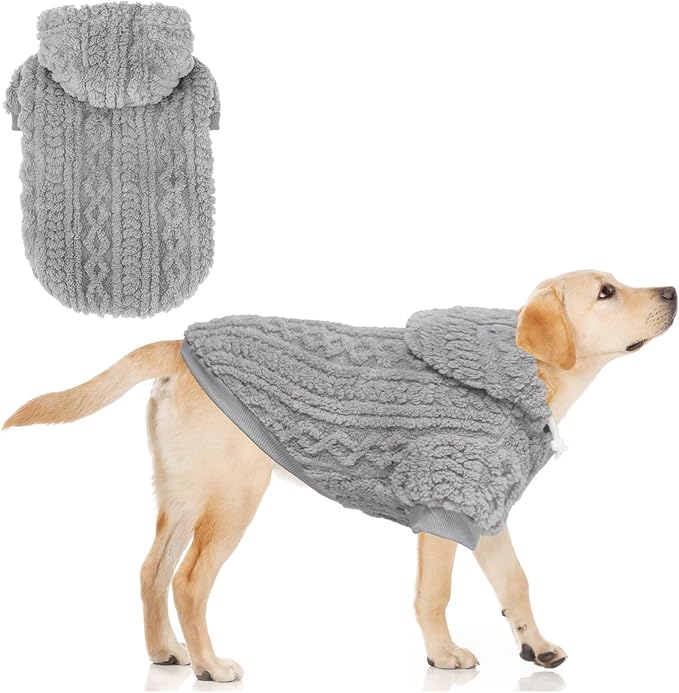 KOOLTAIL Fuzzy Dog Sweater Hoodie for Small Medium Large Dogs, Soft Fleece Pet Clothes Sweatshirt with Leash Hole, Warm Winter Dog Sherpa Jacket Snuggie Cold Weather Coat for Puppy Cats Girl, Grey L