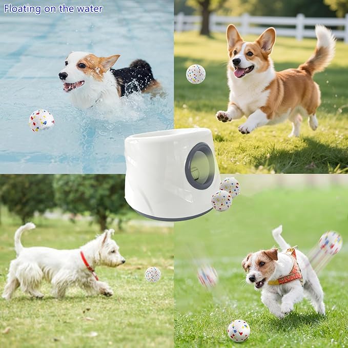 Automatic Ball Launcher for Dogs ，The Upgraded Ball Thrower Adjustable Distance 20-45ft Including 6 PCS 2.3-inch Sized ETPU Balls, Interactive Dog Toys Suitable for Small to Medium Sized Dogs