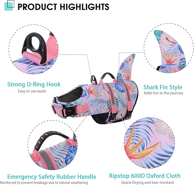 Queenmore Shark Dog Life Vest for Swimming, Pet Life Vests for Boating, High Buoyant DogLife Jacket, Ripstop High Flotation Swimsui for Small, Medium, Large Dogs (HawaiiPink,XXL)