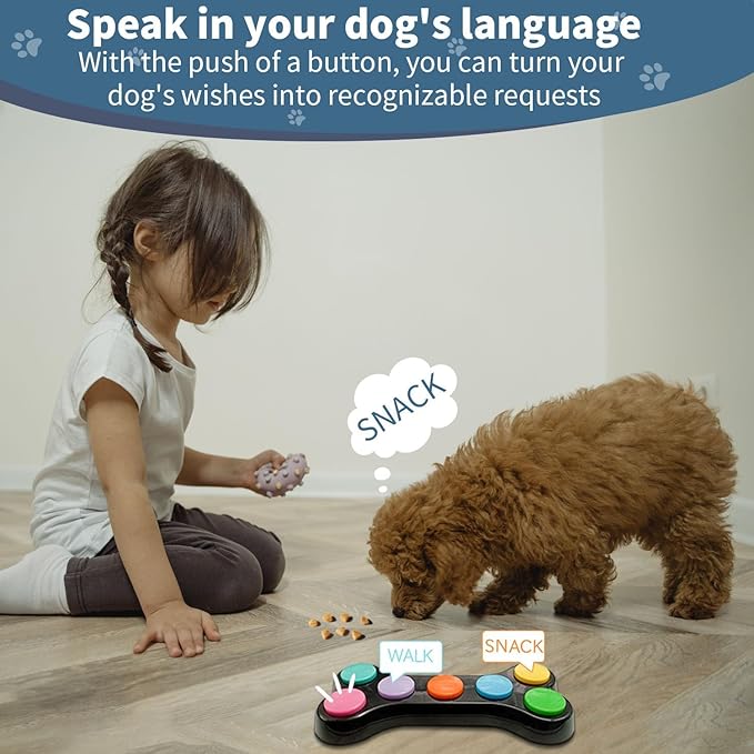 RIBOSY Dog Buttons for Communication, 7 in 1 Dog Talking Button Set, Recordable Training Buzzers for Dogs with 50 Scene Stickers (Battery Included)