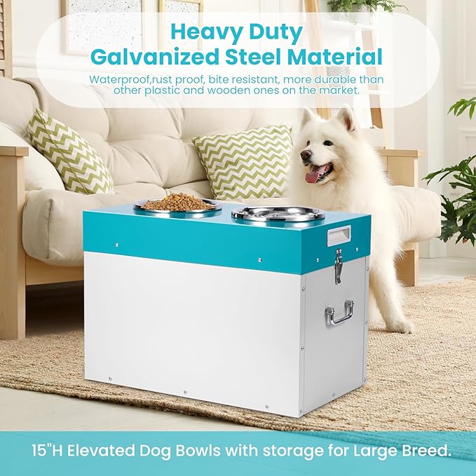Elevated Dog Bowls with Storage Large Breed 15" H Raised Dog Bowl, 2 in 1 Pet Food Storage Container & Feeder, Galvanized Steel Pet Feeder Feeding Station, Holds Up to 45lbs (L)