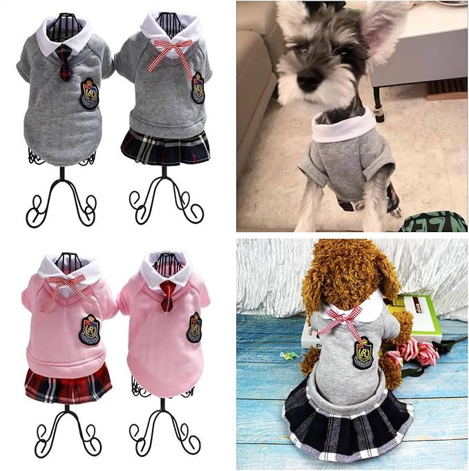 Selena Pet Uniform School Skirts Sailor Costume Dog Campus Clothes Teddy Cute Bowtie Adorable Puppy Apparel (Large,Gray Shirt)