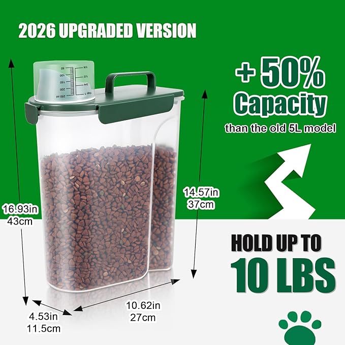 TBMax 10 Lbs Cat Dog Food Storage Container, 2026 Upgraded Large Pouring Container for Pet Food Storage, Bird Seed Dispenser, Portable Travel Kibble Holder -Bottle Green