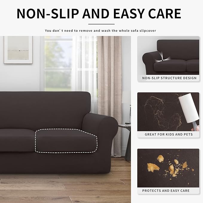 Easy-Going 100% Dual Waterproof 3 Pieces Oversized Loveseat Cover Stretch Soft Couch Cover for Dogs, Sofa Slipcover for 2 Separate Cushion Couch Leakproof Furniture Protector for Kids, Pets Chocolate