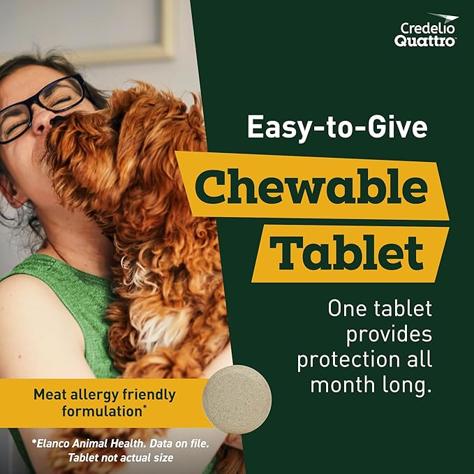 Credelio Quattro Dog Flea & Tick Treatment + Heartworm & Parasite Protection, 25.1-50 lbs (6 Chewable Tablets)