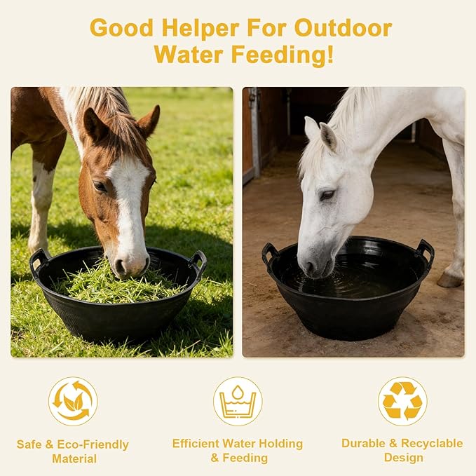 4Pcs Rubber and Plastic Feed Pan with Handle, 3 Gallon / 12 Quart Plastic Feed Pan Utility Horse Feed Bucket for Cats Dogs Goats Chicken Dust Bath Container Animal Feeding Watering Bowl