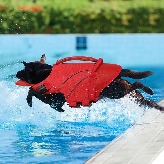 Queenmore Large Dog Life Jackets, Reflective Dog Swimming Vest with Enhanced Buoyancy, High Visibility Pet Life Preserver with Front Neck Float, Pet Life Vest for Boating (Red,2XL)