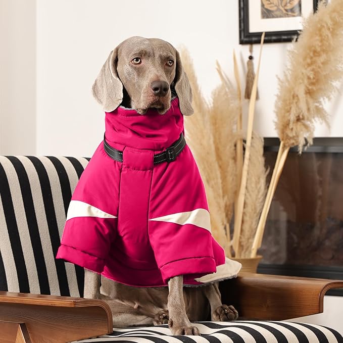 MIGOHI Rainproof Dog Winter Jacket with Harness,XXL Large Fleece Dog Coat with Sleeves,Adjustable Pet Puffer Jacket Snowsuit Cold Weather Coats for Golden Labrador Retriever,XXL,Rosered