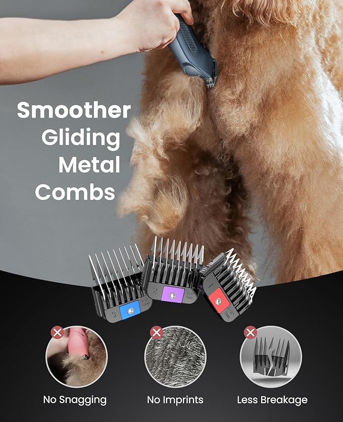 oneisall Cordless Professional Dog Grooming Clippers, 2-Speed Dog Clippers for Grooming Heavy Duty/Thick Hair, Detachable Carbonized Steel Blade Metal Combs, Removable Battery(Blue)