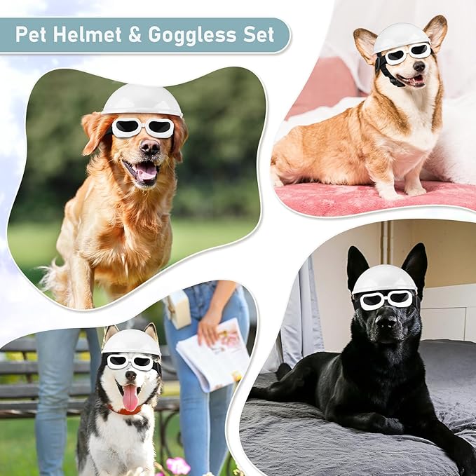 Frienda Dog Helmet and Goggles, UV Protection Doggy Sunglasses and 4 Inch Padded Puppy Motorcycle Helmet Adorable Dog Goggles with Adjustable Belt for Small Dogs Puppy Riding (White,L)
