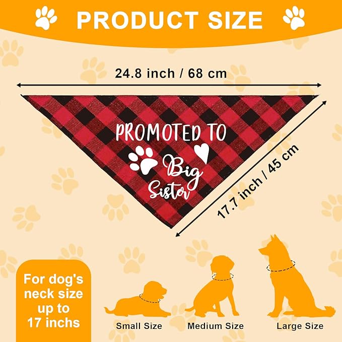 Promoted to Big Sister Red Plaid Dog Bandana, Gender Reveal Photo Prop Triangle Pet Scarf Scarves Decorations Accessories, Pet Scarves Dog Lovers Owner Gift