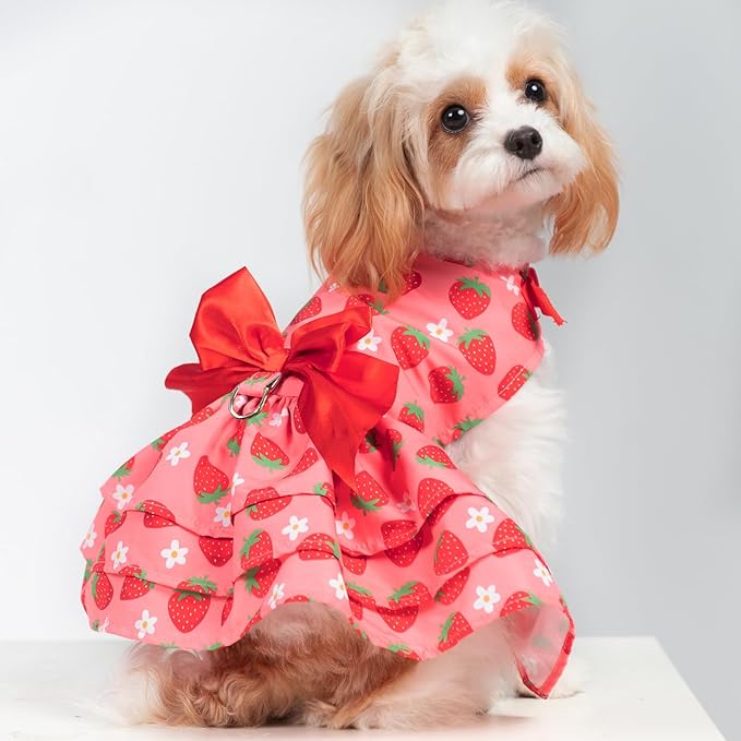 PUPTECK Cute Dog Dress with Bowknot and Leash Ring, Soft Breathable Dog Clothes Puppy Princess Girl Outfit, Pet Apparel Costume for Small Medium Sized Dogs, Pink Strawberry S