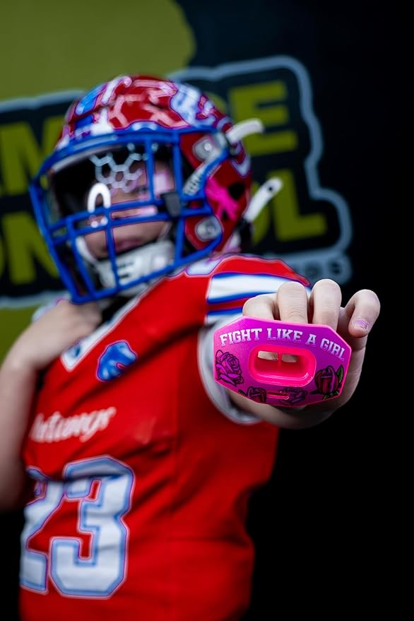 DAMAGE CONTROL Youth Football Mouth Guard – Breathable No Boil Mouthpiece, Protects Lips & Teeth, Works with Braces, Includes Helmet Strap – Sports Gear & Accessories (Fight Like Girl)
