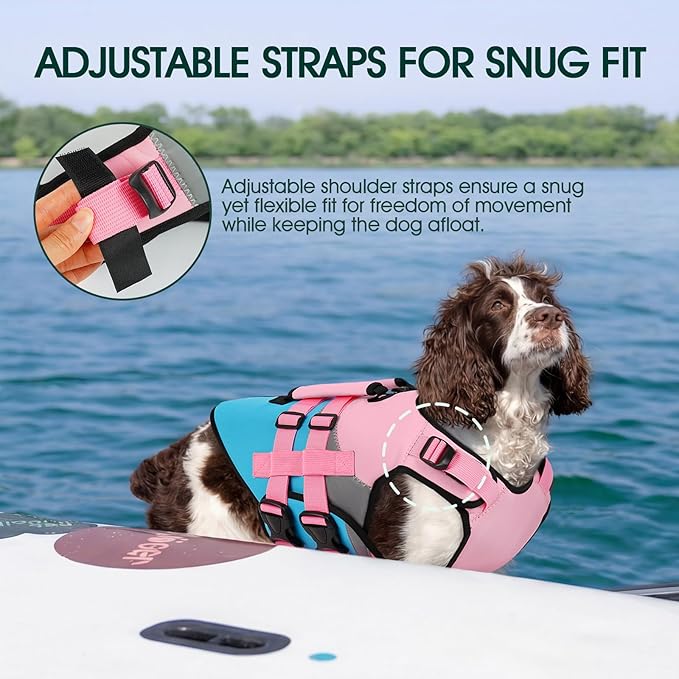 Kuoser Dog Life Jacket with Reflective Strips, High Visibility Dogs Swim Vest with Rescue Handle, Adjustable Dog Life Vest for Swimming, Boating, Pool & Beach, Doggy Lifejacket Small Medium Large Dogs