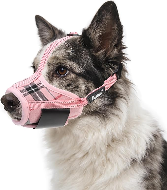 PUPTECK Dog Muzzle, Soft Adjustable Loop Reflective Pets Muzzle Prevent Biting Barking Chewing, Breathable Muzzle with Air Mesh Dog Mouth Guard Drinkable for Large Medium Small Sized, Pink Plaid L