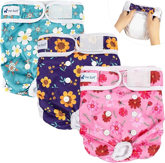 Pet Soft Washable Female Diapers (3 Pack) Female Dog Diapers, Comfort Reusable Doggy Diaper for Girl Dog in Period Heat (Cute Flower, XL)