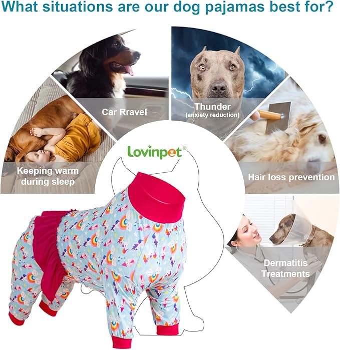LovinPet Large Dog Pajamas, Dog Onesie UV Protection, Lightweight Stretchable Fabric, Post-Surgical Pajamas, Rainbow Castle Print, Undershirt for Dog Dresses, Pitbull Clothes, Red 2XL