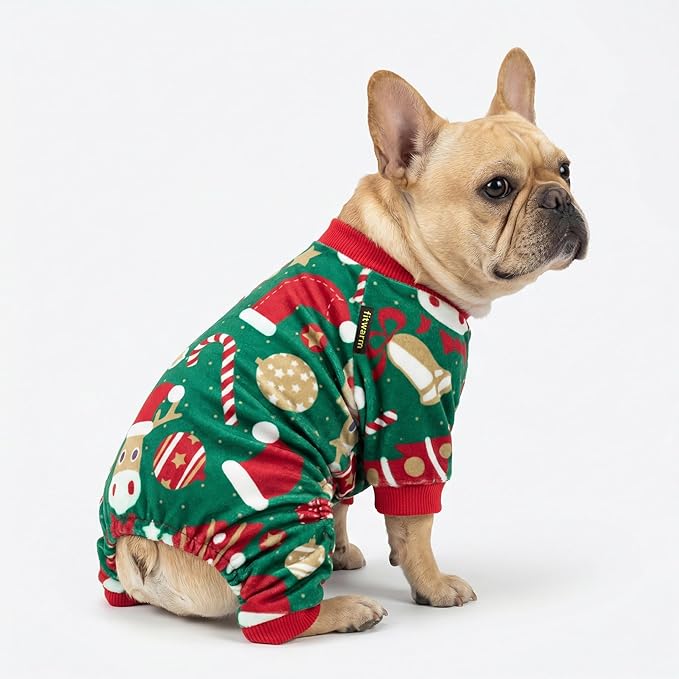 Fitwarm Christmas Dog Pajamas, Dog Winter Clothes for Small Dogs Boy Girl, Lightweight Velvet Pet Jammies, Red, Green, XSmall