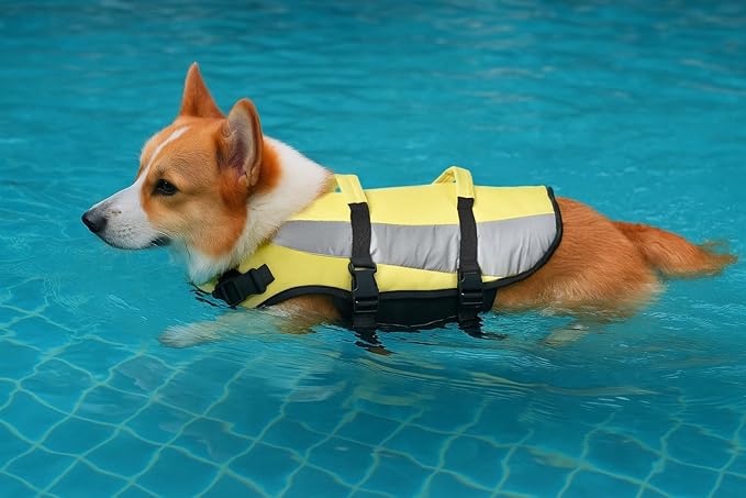 Amazon Basics Dog Adjustable Life Jacket with Reflective Stripes, Yellow, Medium