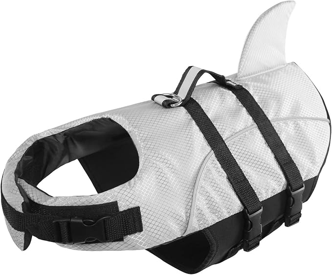 Queenmore Ripstop Dog Life Jacket Shark Life Vest for Dogs, Safety Lifesaver with High Buoyancy and Lift Handle for Small and Medium Breeds（Grey S）
