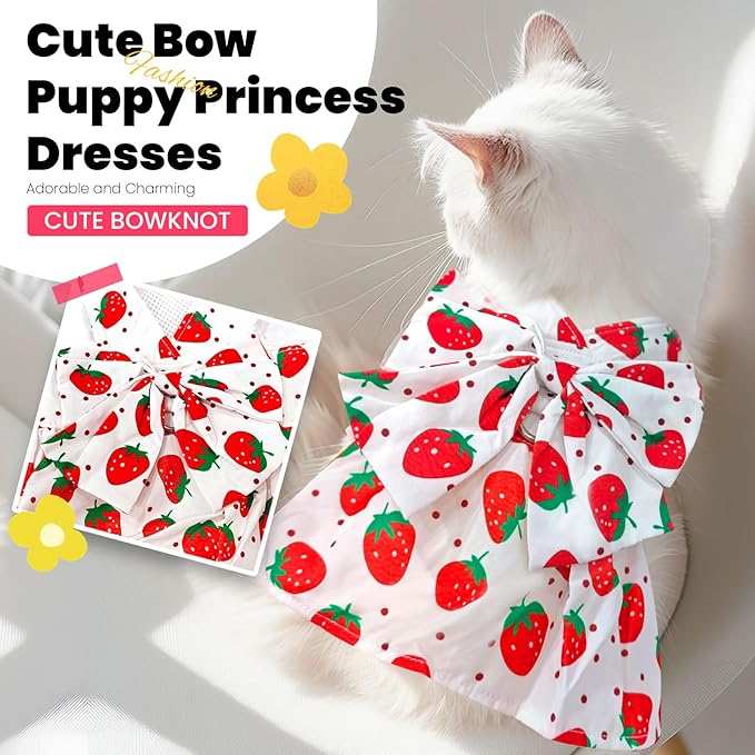 Cute Dog Dress Small Dog Clothes for Girls Female Puppy Outfits Red Strawberry Pet Summer Clothes Bowknot Doggy Cat Princess Dresses Harness for Holiday Birthday Party Costume Clothing (Red,L)