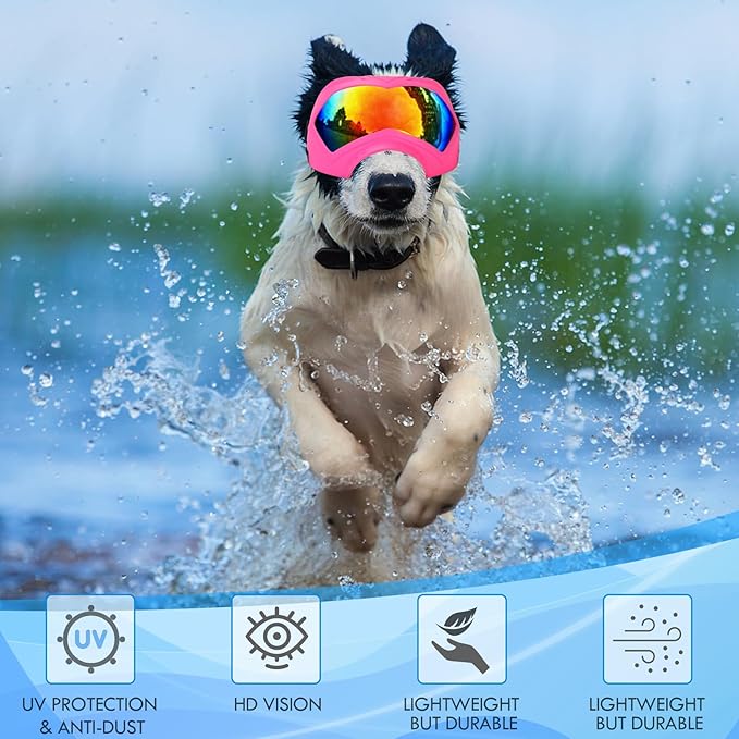 Large Dog Sunglasses Dog Goggles Pet Glasses Pet Eyewear with Adjustable Strap, Glasses for Medium Large Dog Swimming Skating Glasses Windproof Dustproof UV Proof (Pink-Colorful)