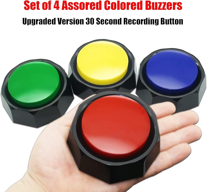 Recordable Buttons, Dog Buttons for Communication, 30 Seconds Recording Upgrade, Pack of 4 Colored Buzzers, Easy to Use,Material Safety. (Batteries Inside)