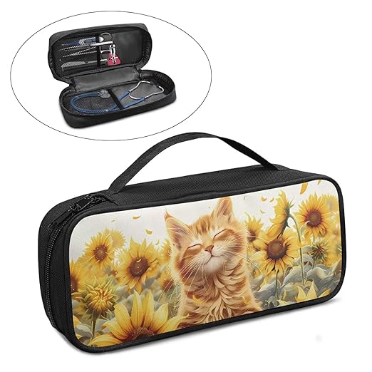 Gomyblomy Stethoscope Carrying Case Compatible with Classic III, Lightweight II S.E and More, Cat Sunflower Stethoscope Case Holder Storage Bag with Extra Room for Nurse Accessories