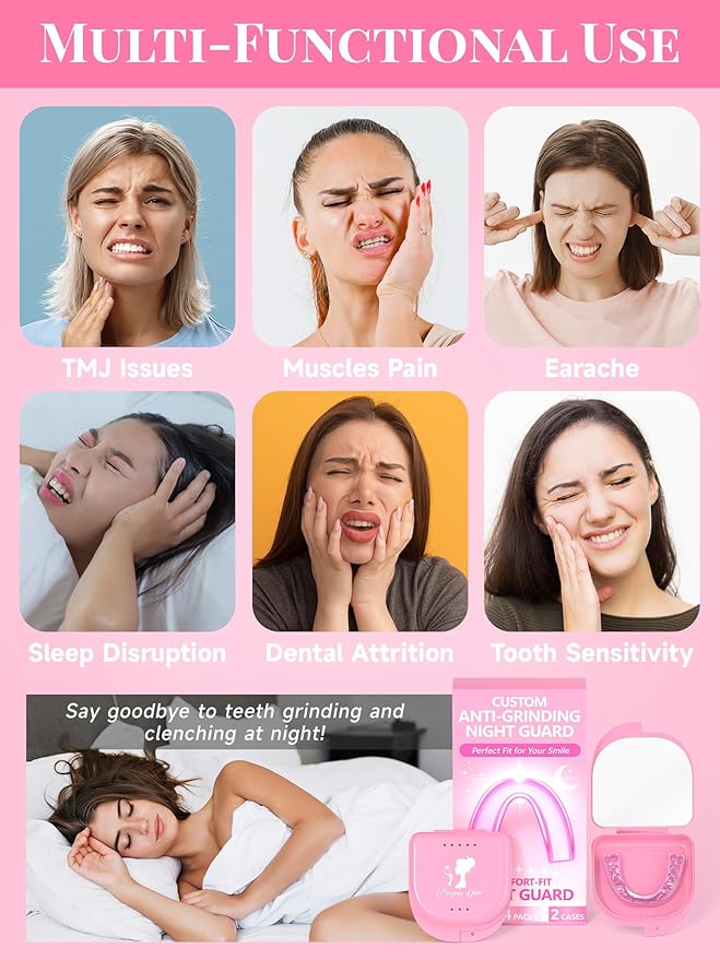 Pink Night Guards for Teeth Grinding, Comfortable Mouth Guards with 2 Mirror Storage Cases