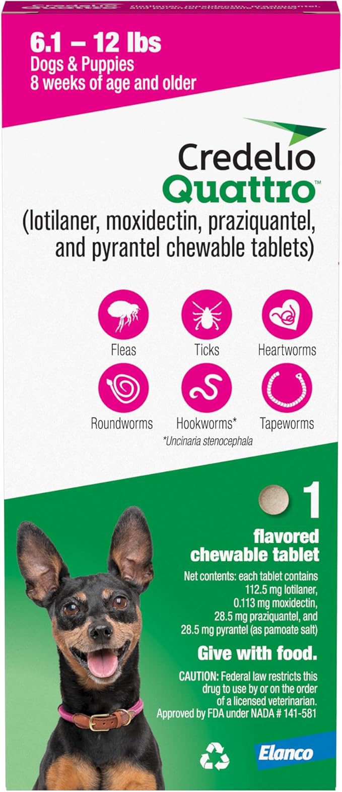 Credelio Quattro Dog Flea & Tick Treatment + Heartworm & Parasite Protection, 6.1-12 lbs (1 Chewable Tablet)
