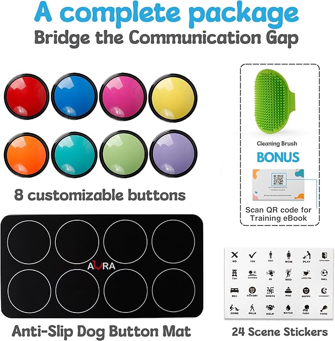 A-URA Dog Buttons for Communication with Mat, HD Sound Quality Dog Talking Button Set – Non-Slip Back Mat, Dog Buttons Talk for Training, Pet Talking Buttons for Dog (Pack of 8)