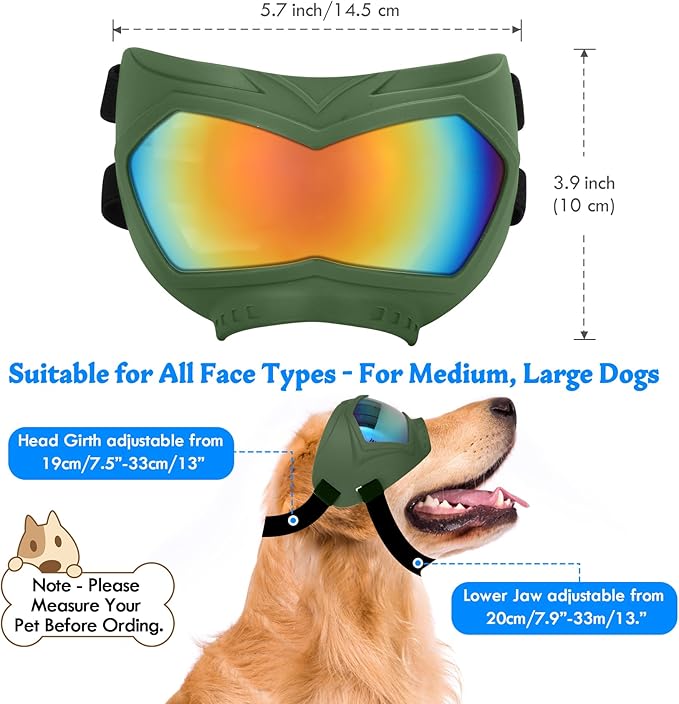Large Dog Sunglasses Dog Goggles Pet Glasses Pet Eyewear with Adjustable Strap, Glasses for Medium Large Dog Swimming Skating Glasses Windproof Dustproof UV Proof (Green-Coloful)