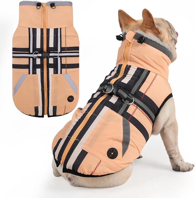 Mihachi Dog Snow Jacket Waterproof Dog Coat with Harness Built in,Thick Fleece Lined & Pockets,Turtleneck Warm Winter Jacket for Middle Dogs Reflective Fleece Vest with Zipper,Snowsuit Outfit,Beige M
