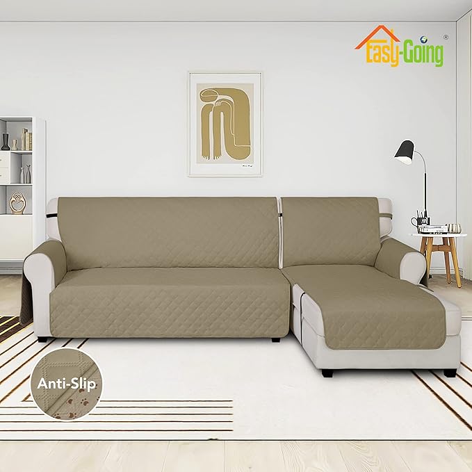 Easy-Going Waterproof Sectional Couch Covers with Chaise 2-Piece Non Slip L Shape Sofa Cover for Dogs Leakproof Furniture Protector Cover with Adjustable Strap for Pets (Small, Beige)