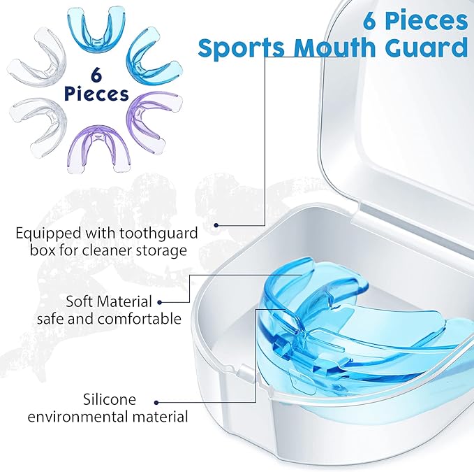 TOODOO 6 Pieces Braces Mouth Guard Kids Sports Mouth Guard for Kids Double Football Youth Mouthguards for Boxing Football Hockey Karate Basketball (Transparent, Transparent Purple/Blue)