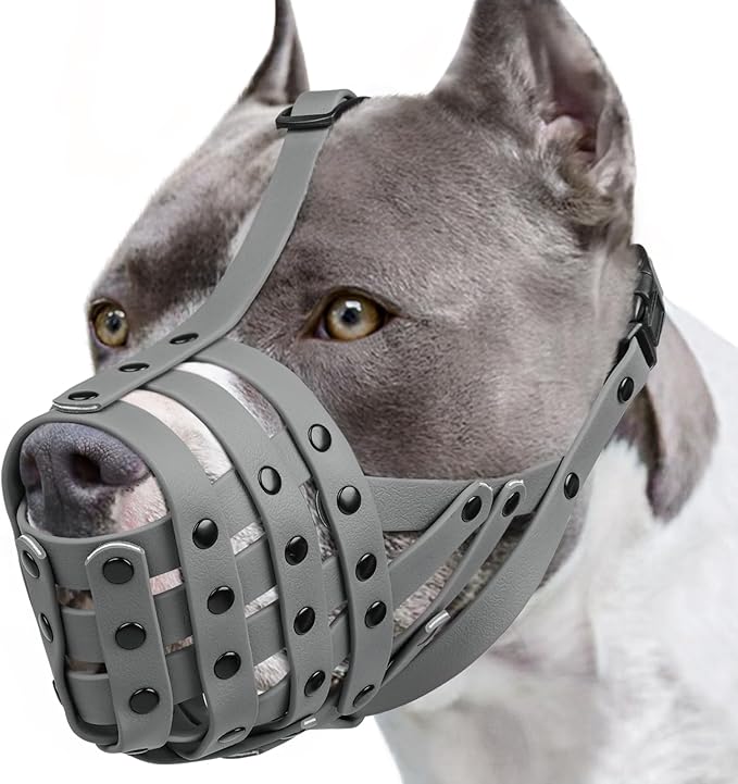 Mayerzon Pitbull Muzzle, Lightweight Basket Muzzle for Large Medium Dogs Rottweiler Amstaff to Prevent Biting Eating, Safe for Grooming Vet Visits Training, Allows to Pant Drink, Adjustable & Sturdy