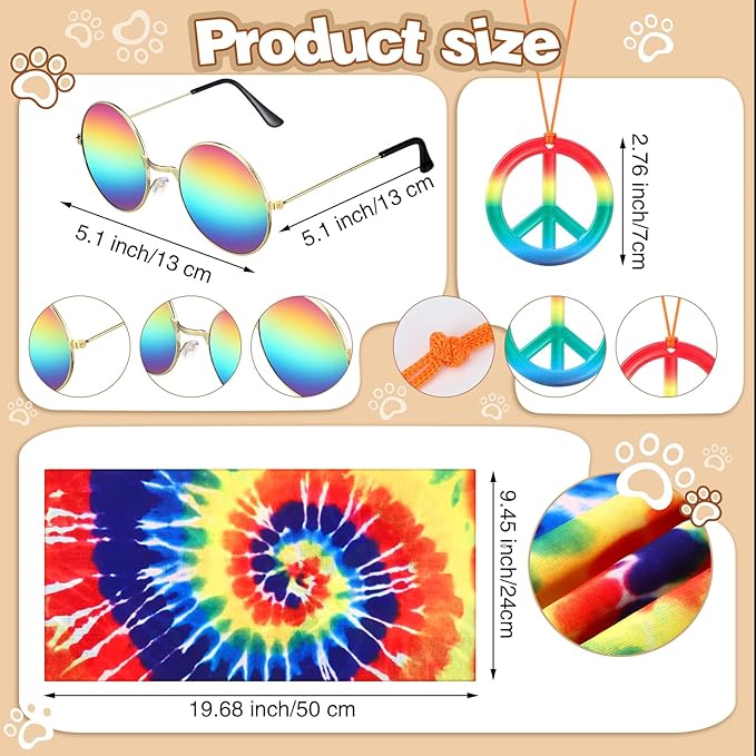 4 Pcs Hippie Dog Costume Pet Dog Hippie Costume Set Includes Sunglasses Scarf Cloak Necklace(Tie Dye,Small)