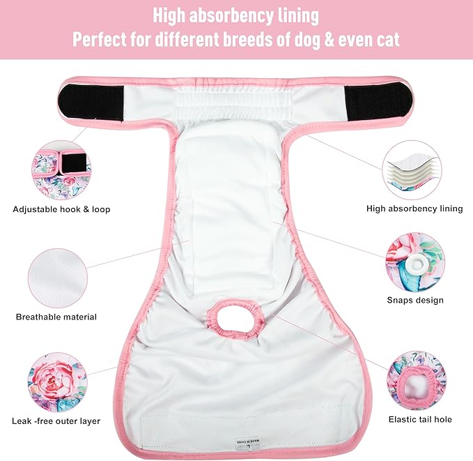 3Pack Reusable Dog Diapers Female,Washable Diaper for Doggie,Highly Absorbent Dog Diaper,Adjustable Leakproof Puppy Girl Dog Diapers for Heat,Incontinence,Period Doggy Nappies S