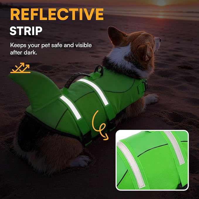Queenmore Dog Life Jacket High Flotation, Reflective Dog Life Vest for Swimming, Adjustable Dogs Life Preserver Rescue Handle Spring Summer Pool for Small, Medium, Large Dogs (BrightGreen,XS)