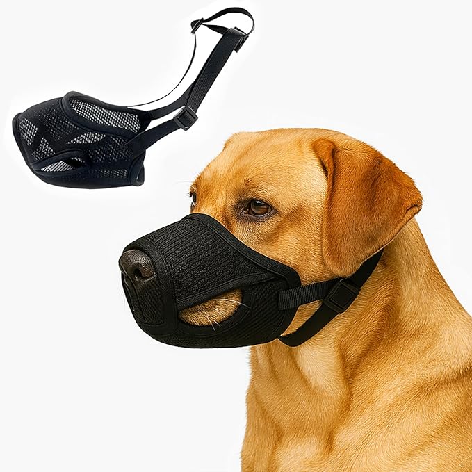 Dog Muzzle – Mesh Soft Muzzle for Small Medium Large Sized Dogs, Adjustable for No Bark, Scavenging, Licking & Chewing, Prevent Biting, Black (M)