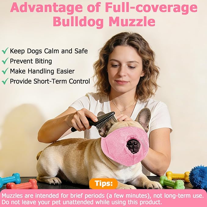 BARKLESS French Bulldog Calming Muzzle – Short Snout Eye-Shading Cover for Grooming & Vet Visits, Soft Breathable Dog Muzzle to Help Reduce Biting (Pink, M)