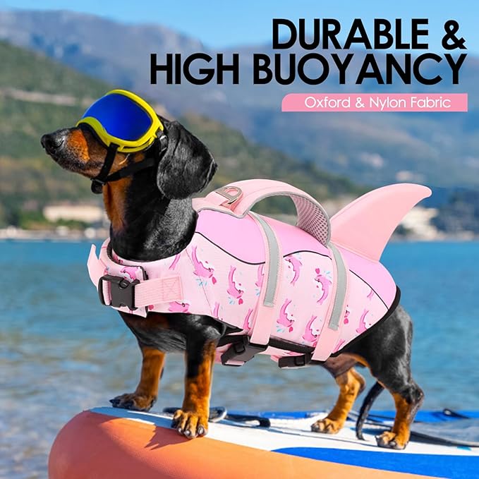 AOFITEE Dog Life Jacket, Shark Dog Life Vest for Swimming Boating, Reflective High Flotation Small Dogs Lifesaver, Ripstop Pet Swim Vest Swimsuit with Rescue Handle for Small Medium Large Dogs, S