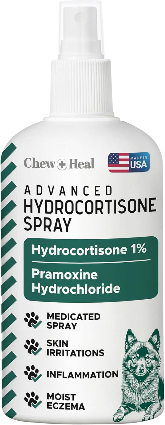 Chew + Heal Labs Hydrocortisone Hot Spot Spray for Dogs - Itch Relief, 4 oz with Pramoxine - Soothes Irritated Skin, Allergies, Dermatitis, Flea Bites, Made in USA