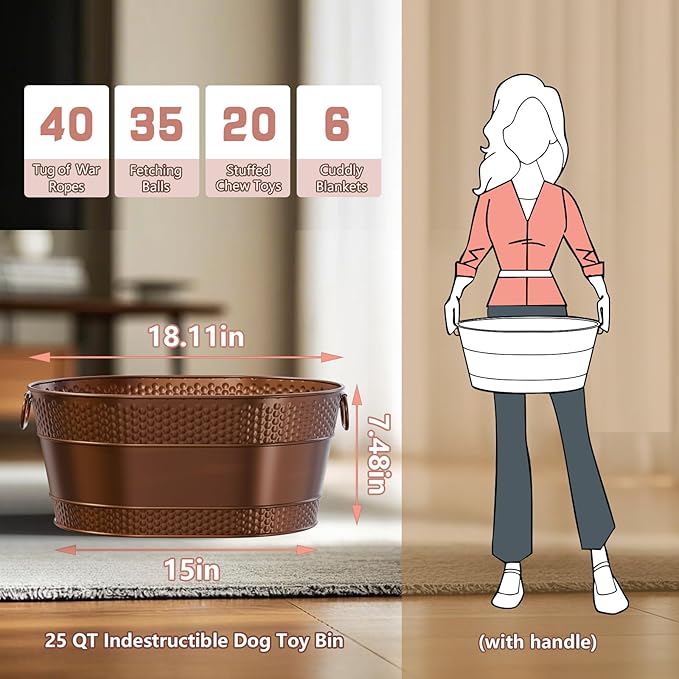 Indestructible Metal Dog Toy Bin: Copper Pet Toy Storage Basket for Living Room Area, Sturdy Chew Proof Puppy Toy Box with Handle, Large Capacity 25-Quart (1 Pack, Copper, Oval)