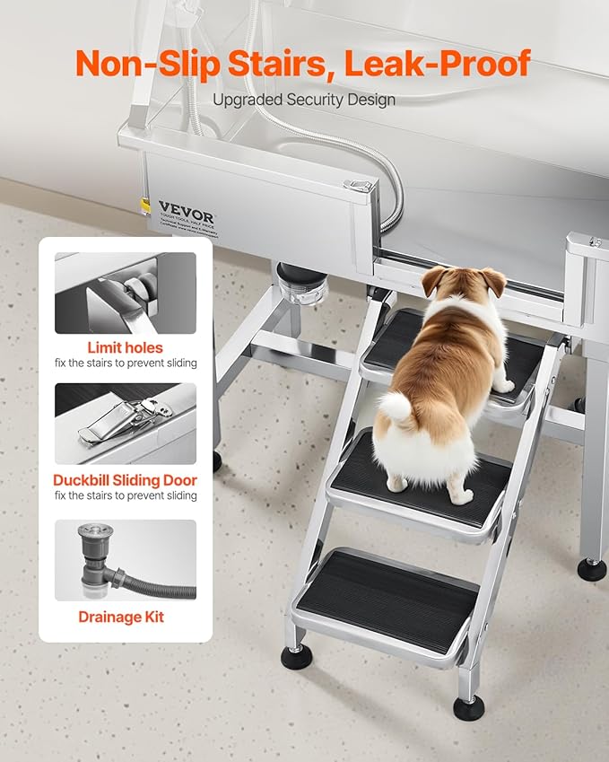 VEVOR 34 Inch Stainless Steel Dog Washing Station, Pet Grooming Tub with Hot & Cold Faucet, Showerhead, Home Wash Sink, Fits Small Cats and Dogs, Non-Slip Stairs (Right Door)