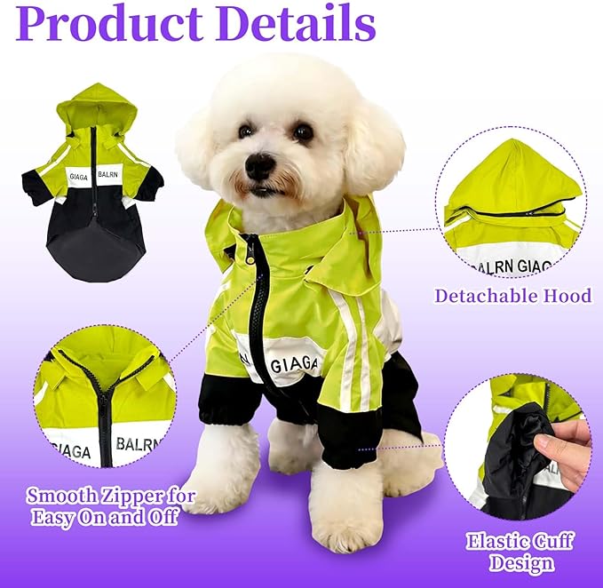 Dog Raincoat, Waterproof Dog Rain Jacket with Detachable Hood, Rain Coat with Smooth Zipper, Elastic Cuff for Dogs, Outdoor Adventures/Walking Lightweight Puppy