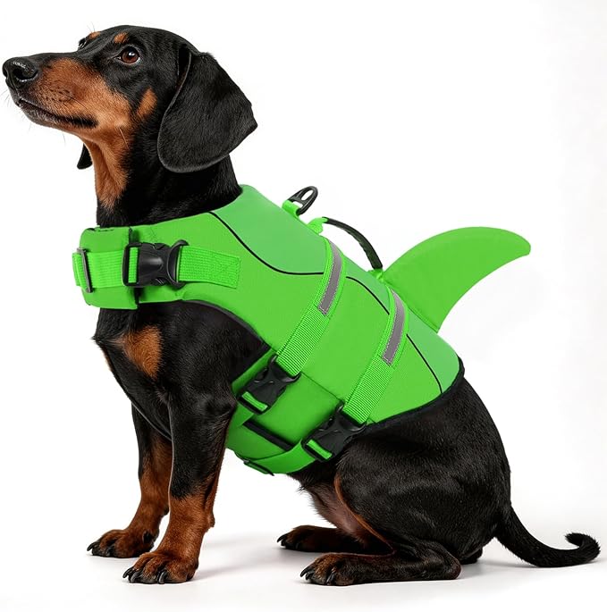 Queenmore Dog Life Jacket High Flotation, Reflective Dog Life Vest for Swimming, Adjustable Dogs Life Preserver Rescue Handle Spring Summer Pool for Small, Medium, Large Dogs (BrightGreen,XS)