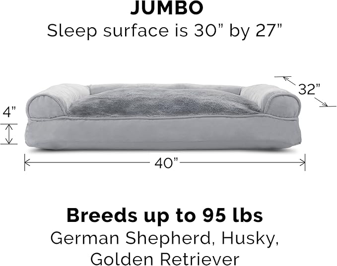 Furhaven Pillow Dog Bed for Large Dogs w/ Removable Bolsters & Washable Cover - Plush & Suede Sofa - Gray, Jumbo/XL